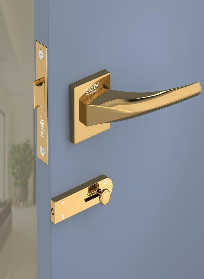 GLOXY Brass Door Lock Set for Bathroom, Mortise Door Lock Handle Set for Balcony, Keyless Lock Handle Set for Storeroom |Gold Finish (2 Years Warranty, Pack of 1) - Image 1